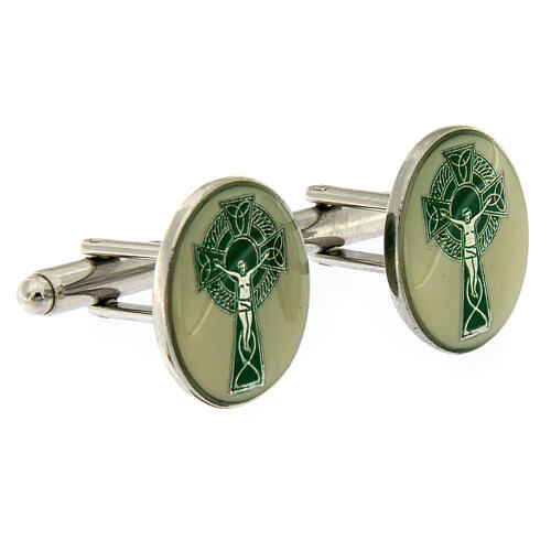 Cufflinks with green Celtic cross, white bronze plated brass 2