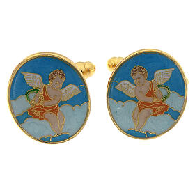 Botões de punho latão dourado com anjo tocando a lira esmalte azul-turquesa