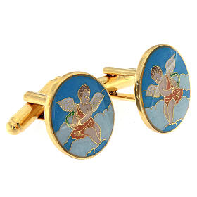 Botões de punho latão dourado com anjo tocando a lira esmalte azul-turquesa