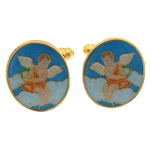 Botões de punho latão dourado com anjo tocando a lira esmalte azul-turquesa 1