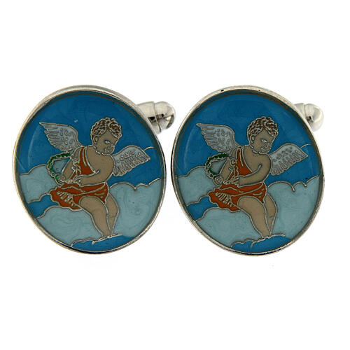 White bronze plated cufflinks, angel playing, light blue enamel, brass 1
