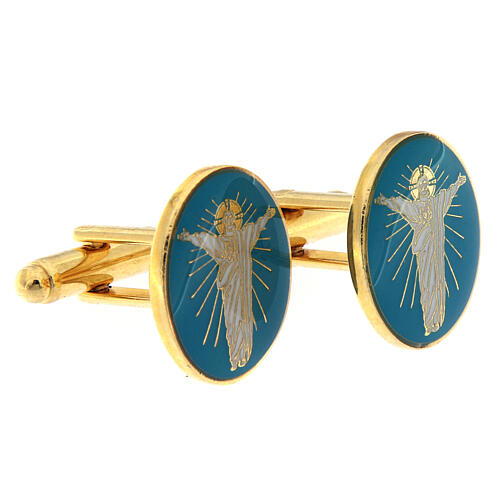 Light blue cufflinks, Risen Christ, gold plated brass 2