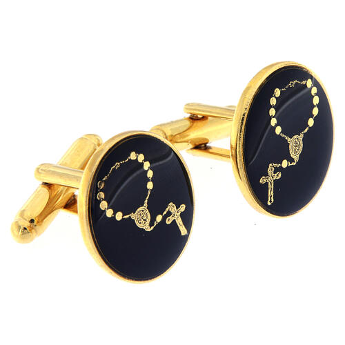 Rosary cufflinks, black enamel, gold plated brass 2