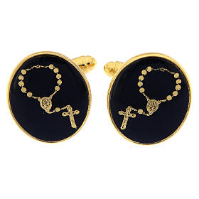One-decade rosary cufflinks in black enamel, golden brass