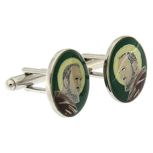 St Pio cufflinks, green enamel, white bronze plated brass 2