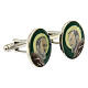 St Pio cufflinks, green enamel, white bronze plated brass s2