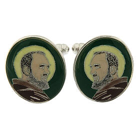 Botões de punho latão bronzeado branco São Padre Pio fundo verde