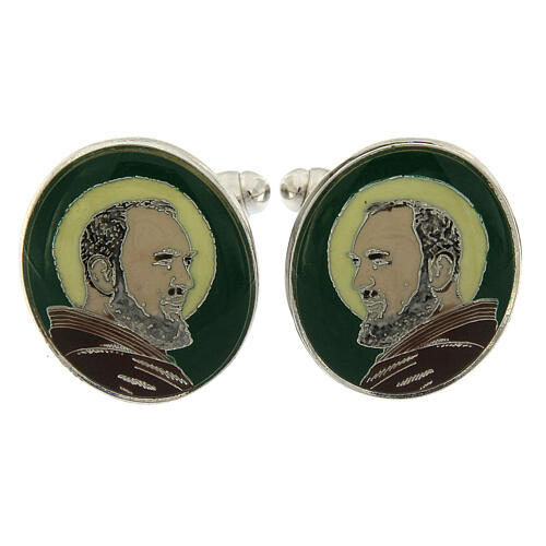Botões de punho latão bronzeado branco São Padre Pio fundo verde 1