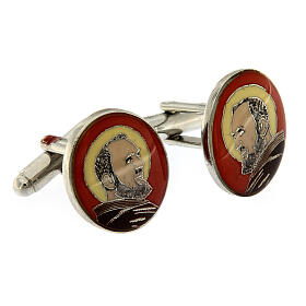 St Pio cufflinks, red enamel, white bronze plated brass