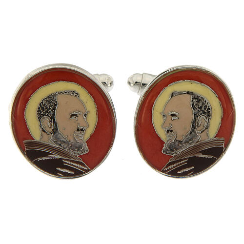 Botões de punho latão bronzeado branco São Padre Pio fundo vermelho 1