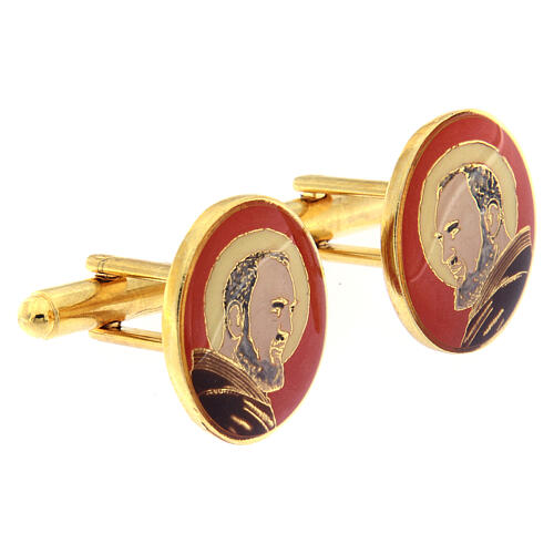 St Pio cufflinks, red enamel, gold plated brass 2