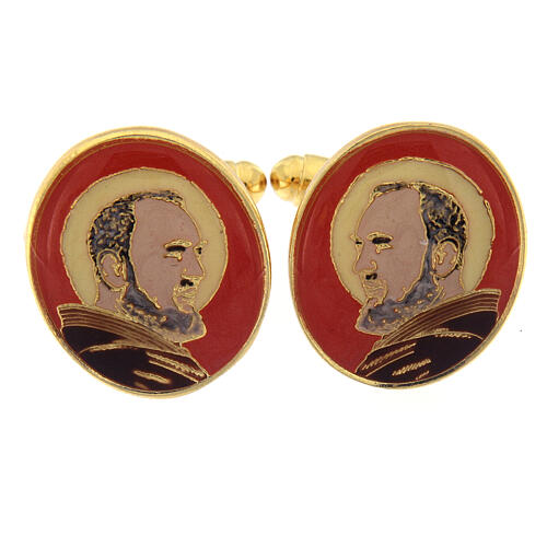 Botões de punho latão dourado São Padre Pio fundo vermelho 1