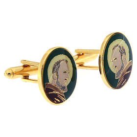 St Pio cufflinks, green enamel, gold plated brass