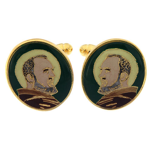 St Pio cufflinks, green enamel, gold plated brass 1