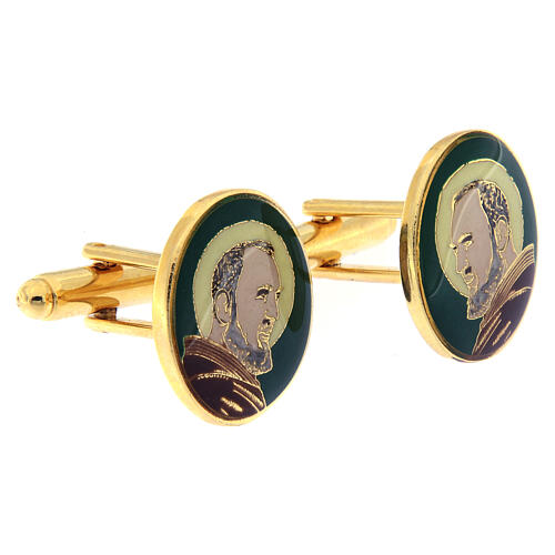 Saint Pio cufflinks green enamel in golden brass 2