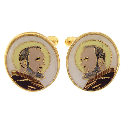 St Pio cufflinks, pearly-white enamel, gold plated brass 1