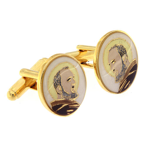 St Pio cufflinks in gilded brass with mother-of-pearl enamel 2