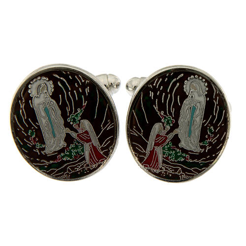 Cufflinks, enamelled Lourdes cave, white bronze plated brass 1