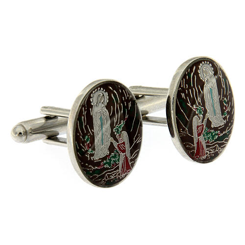 Cufflinks, enamelled Lourdes cave, white bronze plated brass 2