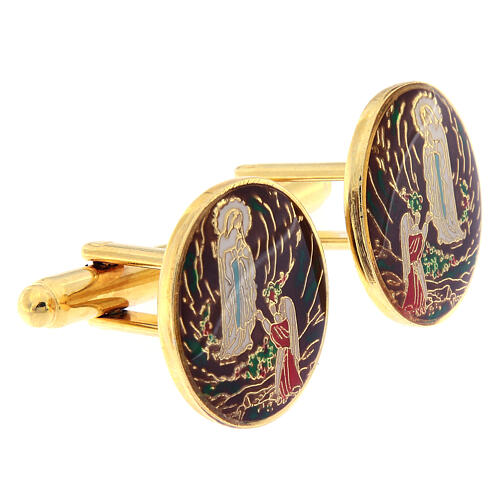 Cufflinks, enamelled Lourdes cave, gold plated brass 2