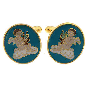 Cufflinks with angel, green background, gold plated brass
