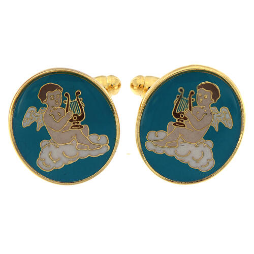 Cufflinks with angel, green background, gold plated brass 1