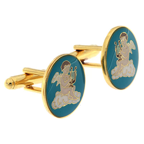 Cufflinks with angel, green background, gold plated brass 2