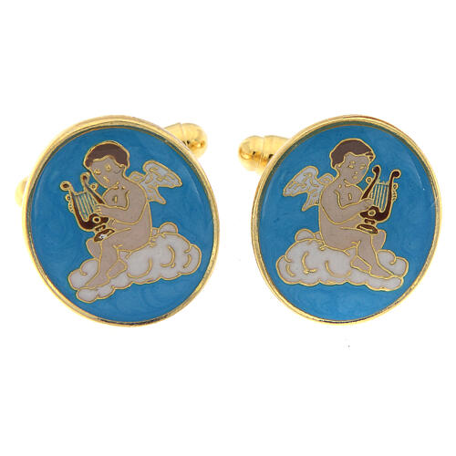 Botões de punho latão dourado com anjo tocando a lira numa nuvem fundo azul claro 1