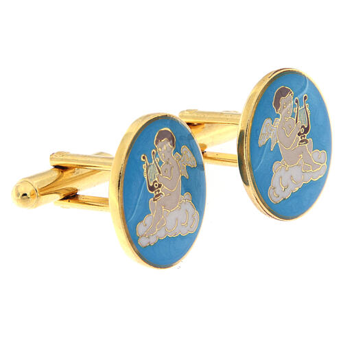 Botões de punho latão dourado com anjo tocando a lira numa nuvem fundo azul claro 2