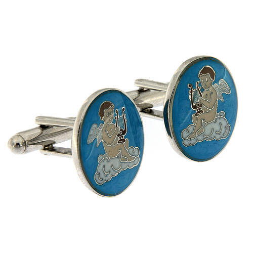 Cufflinks with angel, light blue background, white bronze plated brass 2