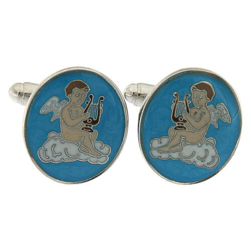 Botões de punho latão bronzeado branco com anjo tocando a lira numa nuvem fundo azul claro 1
