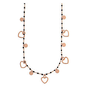 Rosé necklace, 925 silver, round black beads of 1 mm, heart-shaped and round charms, 48 cm