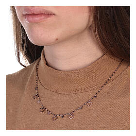Rosé necklace, 925 silver, round black beads of 1 mm, heart-shaped and round charms, 48 cm