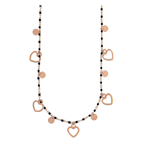 Collier en argent 925 rosé grains ronds noirs 1 mm coeurs 48 cm 1