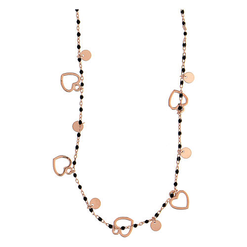 Collier en argent 925 rosé grains ronds noirs 1 mm coeurs 48 cm 3