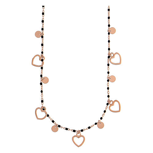 925 rosé silver necklace with black round beads 1 mm hearts 48 cm 1