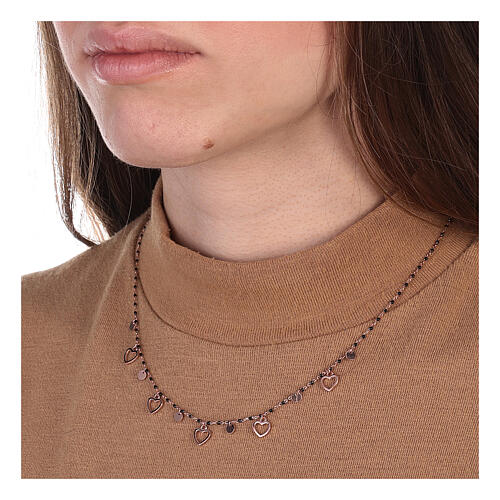 925 rosé silver necklace with black round beads 1 mm hearts 48 cm 2