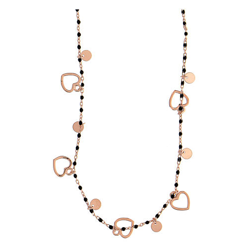 925 rosé silver necklace with black round beads 1 mm hearts 48 cm 3