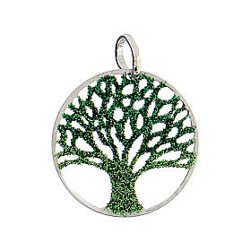 Ciondolo diamantato verde argento 925 rotondo Albero Vita 2 cm