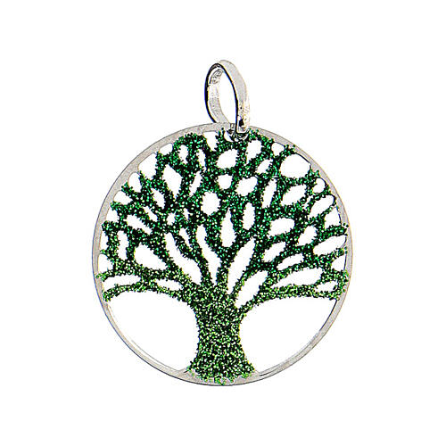 Pingente diamantado verde prata 925 redondo Árvore da Vida 2 cm 1