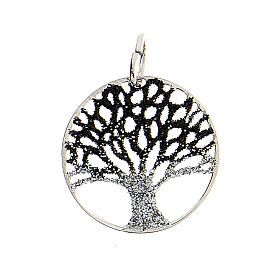 Round pendant of 2 cm, black and white diamond Tree of Life, 925 silver