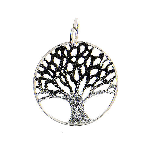 Round pendant of 2 cm, black and white diamond Tree of Life, 925 silver 1