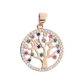 Tree of Life pendant, 2 cm, rosé 925 silver and colourful zircons