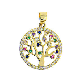 Tree of Life pendant, gold plated 925 silver and colourful zircons, 2 cm diameter
