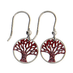 Orecchini argento 925 Albero vita diamantato rosso 1,5 cm diam