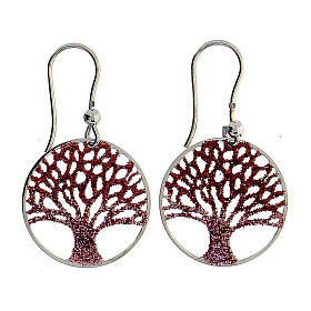 Earrings with Tree of Life, red diamond, 925 silver, 2 cm diameter