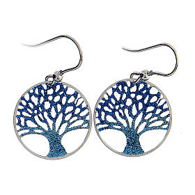 Earrings with Tree of Life, blue diamond, 925 silver, 2 cm diameter