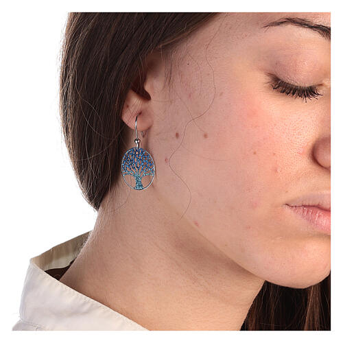 Boucles d'oreilles diamantées bleues argent 925 Arbre de la Vie 2 cm 2