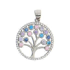 Round pendant, Tree of Life with pastel-coloured zircons, 925 silver