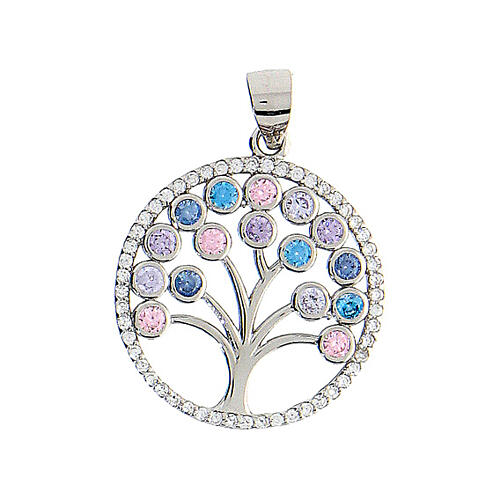 Round pendant, Tree of Life with pastel-coloured zircons, 925 silver 1